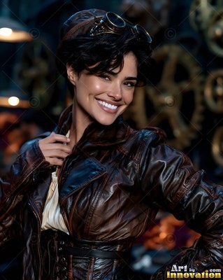 Wearing goggles on her cap, a cheerful woman in a brown leather jacket stands by gears