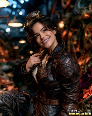 A cheerful woman wearing brass goggles pulls her brown leather jacket close under soft warm lamplight