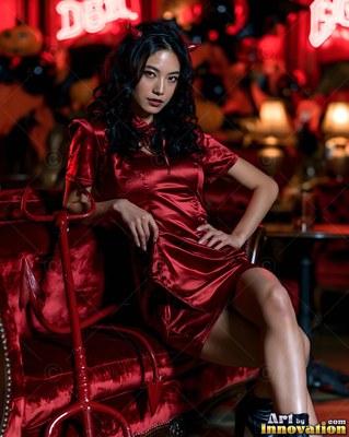 Sitting on a red couch, a woman in a shiny devil costume wears horns and rests her hand on her hip
