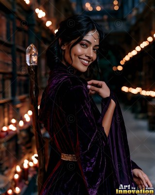 Woman in a purple velvet robe smiling with a crystal staff