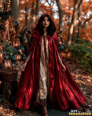 In a red hooded cape, a woman walks through autumn woods filled with pumpkins