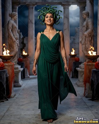 A woman in a snake headpiece walks forward in a dark green gown lit by warm firelight