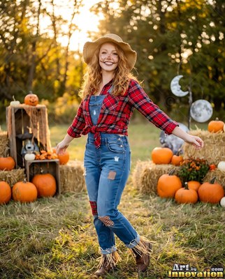 Standing with arms wide in a pumpkin patch, a woman wears a scarecrow costume