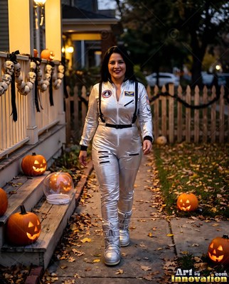 Woman in a silver astronaut suit walks past pumpkins