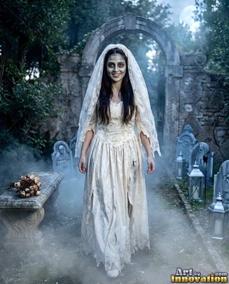 In a foggy graveyard, a woman in a tattered white wedding dress and veil smiles