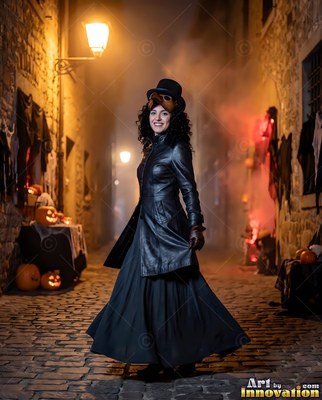Walking down a foggy cobblestone street, a happy woman models a black coat and top hat