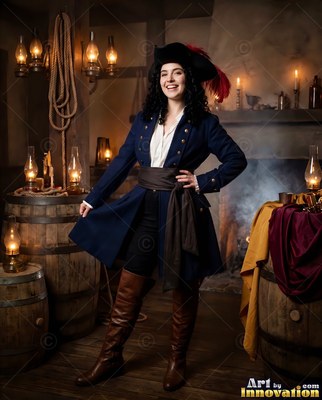 Woman in a pirate costume smiling in a dark room with barrels