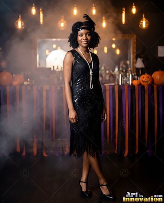 A black flapper dress worn by a grinning woman near a Halloween party bar with pumpkins