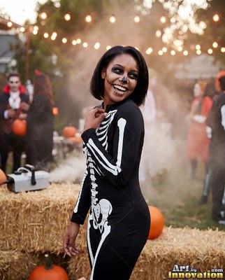 A woman in a skeleton jumpsuit smiles at an outdoor party under warm string lights