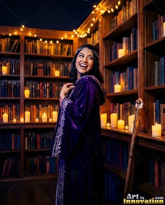 Woman smiling in a purple velvet robe inside a dark library with candles