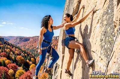 Climbing a sunny cliff, two cheerful women in blue athletic wear scale the rock face