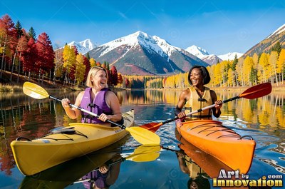 Two smiling women kayak on a clear lake under bright sunlight on golden trees