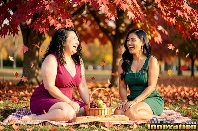 Sitting on a blanket in the park, two women laugh under red autumn leaves