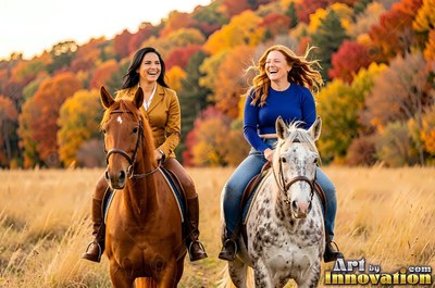 Two laughing women ride horses through a golden field near bright autumn trees