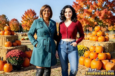 In a pumpkin patch, two grinning women stand together by hay bales