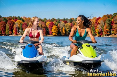 Riding jet skis side by side, two cheerful women speed across a lake lined with trees in fall
