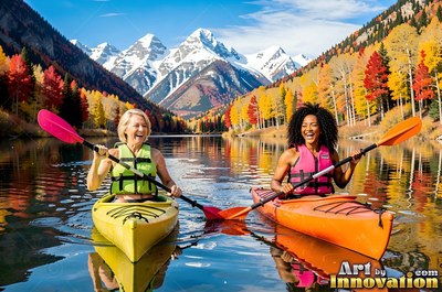 Kayaking on a calm mountain lake, two grinning women paddle yellow and orange boats