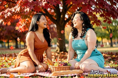 Two adult women laughing on a picnic blanket under red fall leaves
