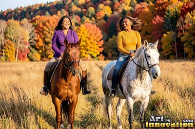 Wearing a purple jacket, two women travel on horses through a dry grassy field before autumn trees