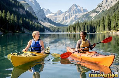 Two cheerful women kayak on a clear lake under sunny mountains