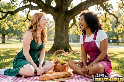 In a sunny park under a big tree, two woman friends laugh together on a picnic blanket