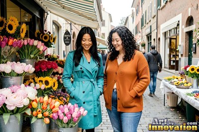 Two women smiling by colorful street flower stands