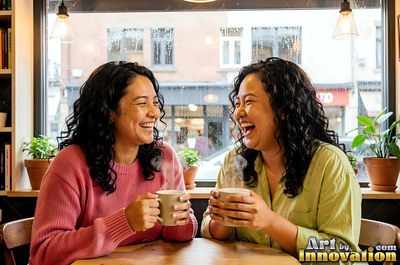 Pink sweater on one of two women laughing over warm mugs by a bright coffee shop window
