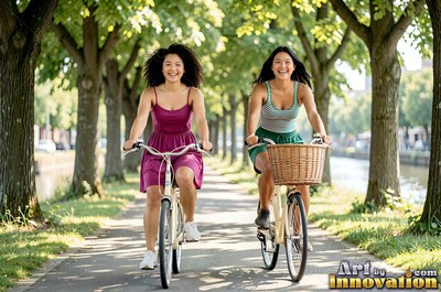 Two smiling woman riders guide bicycles together along a sunny path under green trees