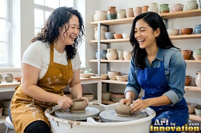 In a bright pottery studio, two laughing women shape clay on spinning wheels