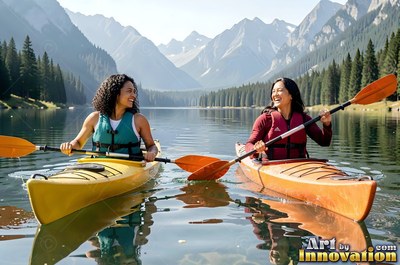 Kayaking on a calm lake, two adult women smile at each other beneath sunny mountain peaks