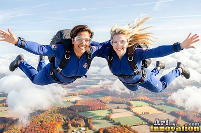 Freefalling belly-down, two smiling women in blue jumpsuits skydive over fields