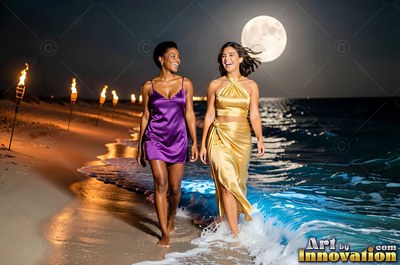 Walking in the surf, two cheerful women in satin dresses stroll along a beach under a full moon