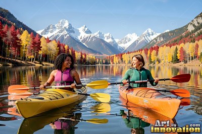 Two women paddling kayaks on a sunny lake by snowy mountains
