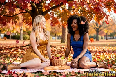 Dressed in casual dresses, both women laugh on a picnic blanket under trees in autumn