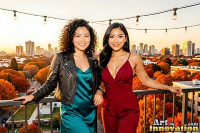 Both women lean on a balcony rail overlooking a city in warm sunset light