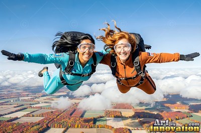 Two happy women skydiving in blue and orange jumpsuits