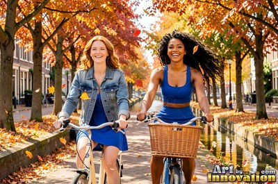 Both woman riders guide bicycles along a canal in bright sunlight under orange autumn leaves