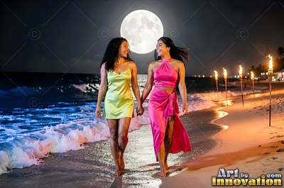 Walking hand in hand on a beach, two women smile under a full moon