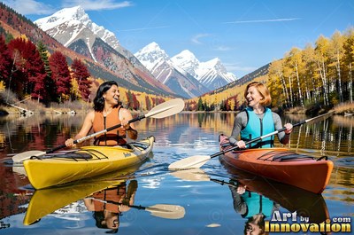 Two grinning women paddle kayaks across a mountain lake in bright sun