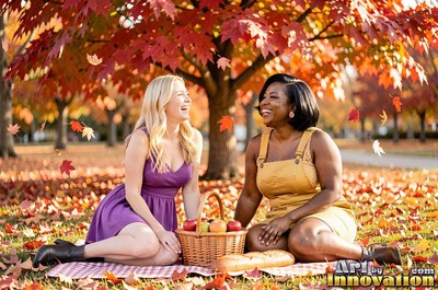 Under an autumn tree, both women laugh on a picnic blanket covered in red leaves