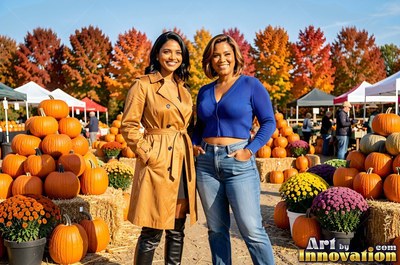 Two smiling women standing at a sunny pumpkin patch outdoors