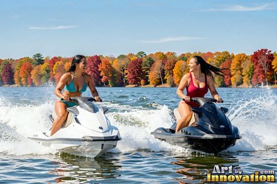 Wearing teal and red swimsuits, two women are riding jet skis across a lake near trees in fall