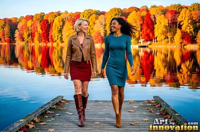 Two woman friends walk along a wooden dock, framed by the bright red foliage across the water