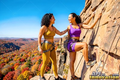 On a sunny rock cliff, two smiling women in athletic clothes pause while climbing
