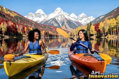 Wearing blue life vests, two smiling women paddle kayaks across a mountain lake
