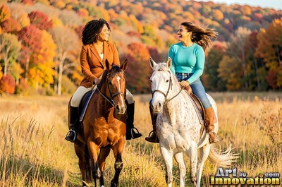 Riding side by side, two smiling women sit on horses in an autumn field