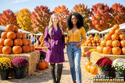 Two woman friends stand smiling outdoors near stacks of orange pumpkins on hay bales