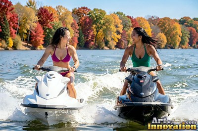 On a lake by trees with fall foliage, two smiling women are riding jet skis side by side