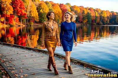 Walking along a wooden dock, two women smile beside a lake lined with fall trees