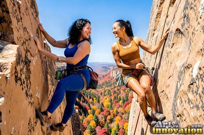 Both women rock climb on opposite cliff faces, smiling at each other in bright sunlight